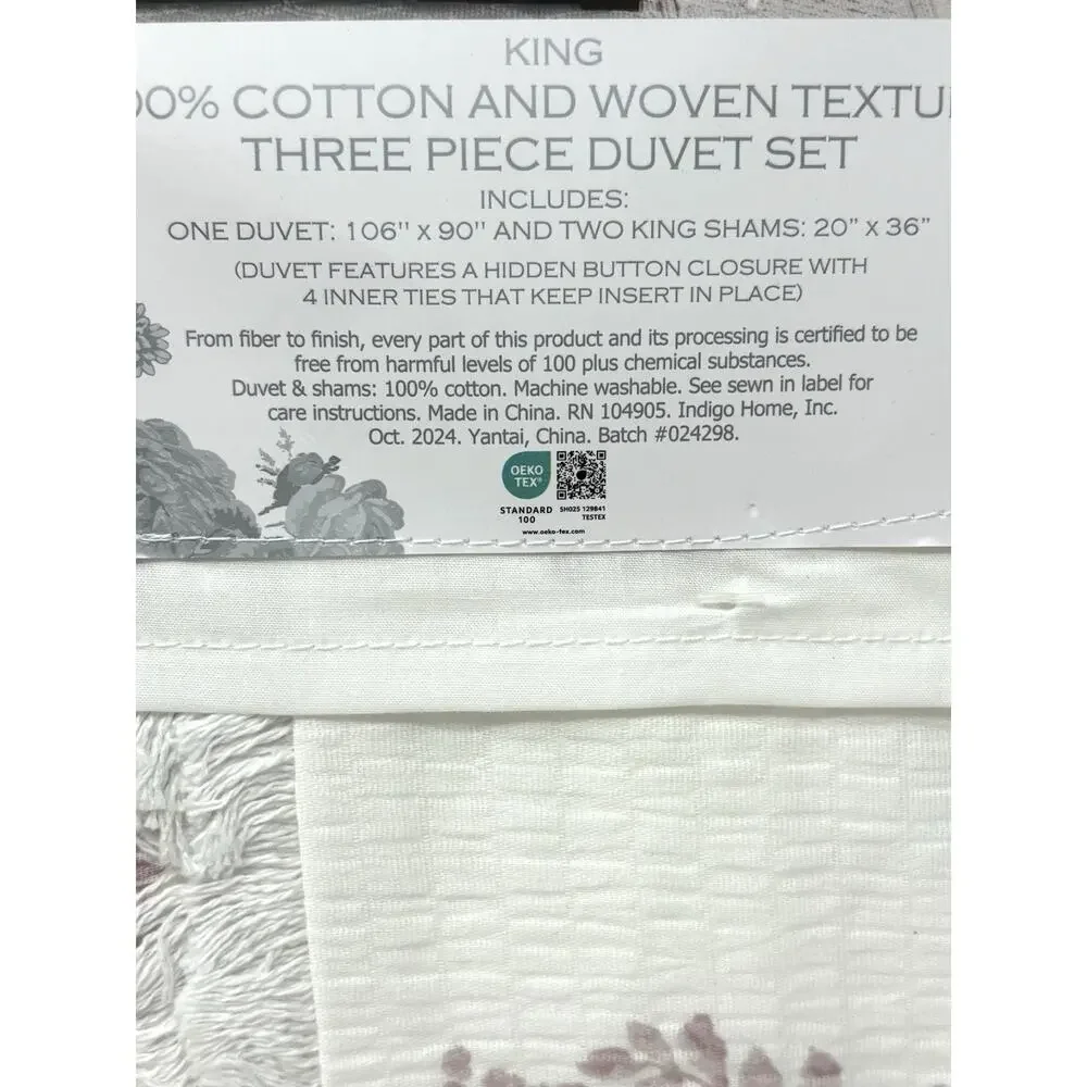 Shabby Chic Cotton Floral Woven KING Size Duvet Set White Rose Pink Fringe